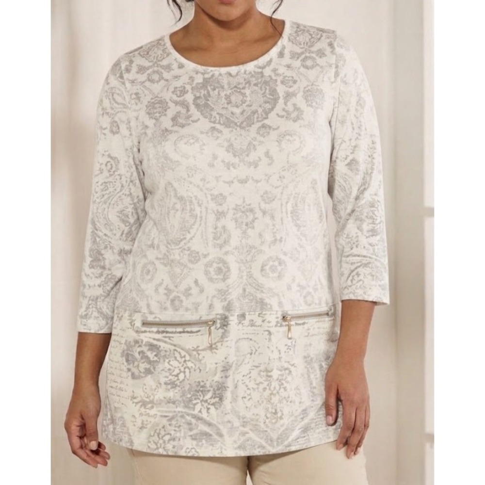 Soft Surroundings Tunic Top 1X Grey Damask Velvet 3/4 Sleeve Zipper Pockets